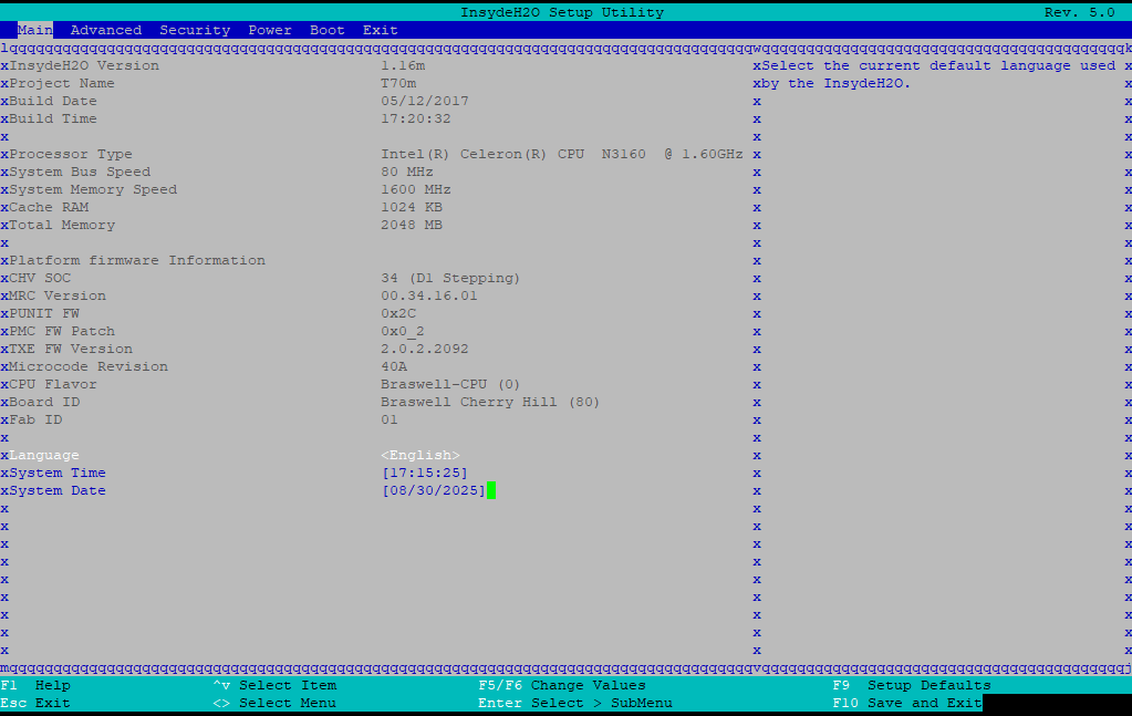 the bios setup main screen